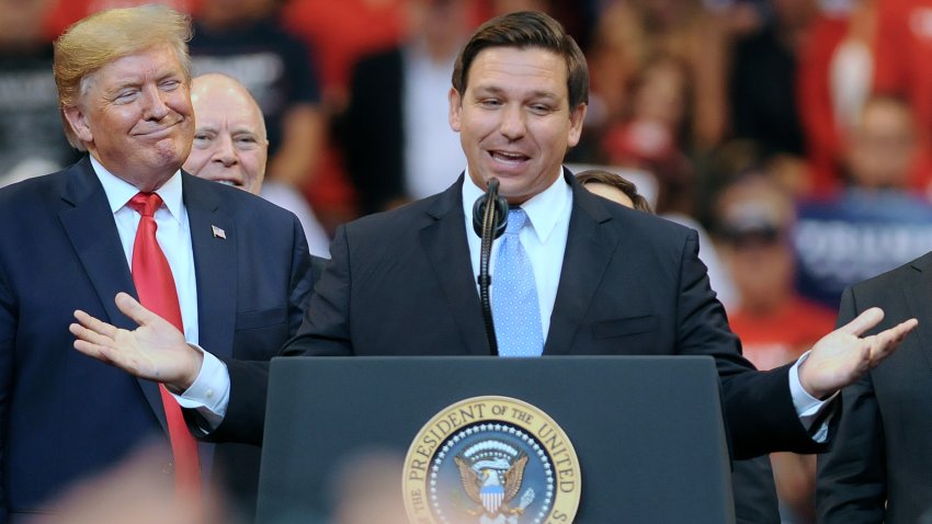 SUNRISE, FLORIDA, UNITED STATES – 2019/11/26: U.S. President Donald Trump looks on as Florida Governor Ron DeSantis speaks during the Florida Homecoming rally at the BB&T Center.
Trump recently became an official resident of the state of Florida. (Photo by Paul Hennessy/SOPA Images/LightRocket via Getty Images)