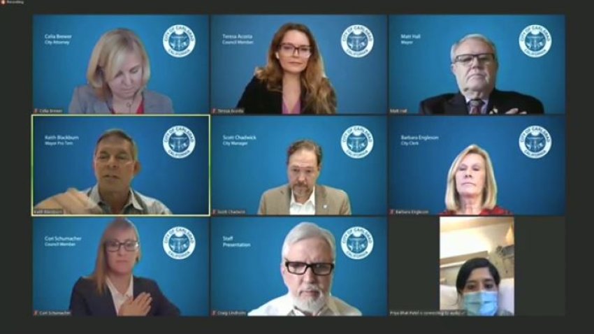 About 40 seconds into the City of Carlsbad’s Feb. 16 city council meeting, when Priya Bhat Patel (lower right corner) joined the virtual call.