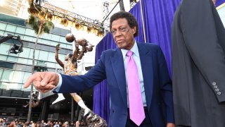 Elgin Baylor looks on during the statue unveiling at STAPLES Center on April 6, 2017 in Los Angeles, California.