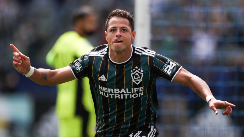 CARSON, CALIFORNIA – APRIL 25: Javier Hernandez #14 of Los Angeles Galaxy celebrates his goal in the first half against the New York Red Bulls at Dignity Health Sports Park on April 25, 2021 in Carson, California. (Photo by Meg Oliphant/Getty Images)