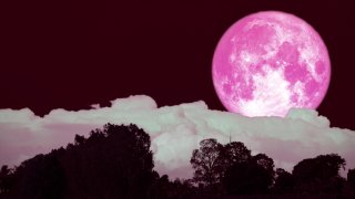 Foto de la luna llena con retoque fotográfico para que se vea color rosa.