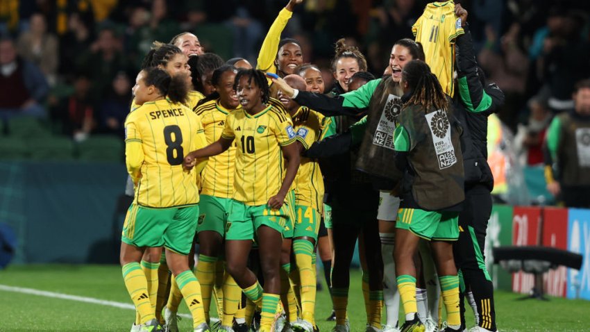 PERTH, AUSTRALIA – JULY 29: Jamaica players celebrate the team’s first goal scored by Allyson Swaby (obscured) during the FIFA Women’s World Cup Australia & New Zealand 2023 Group F match between Panama and Jamaica at Perth Rectangular Stadium on July 29, 2023 in Perth, Australia. (Photo by Paul Kane/Getty Images)