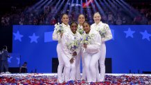 MINNEAPOLIS, MINNESOTA - JUNE 30: (L-R) Suni Lee, Simone Biles, Hezly Rivera, Jordan Chiles and Jade Carey pose after being selected for the 2024 U.S. Olympic Women's Gymnastics Team on Day Four of the 2024 U.S. Olympic Team Gymnastics Trials at Target Center on June 30, 2024 in Minneapolis, Minnesota. (Photo by Jamie Squire/Getty Images)