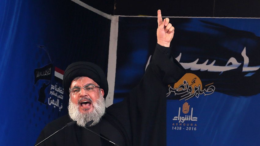 Lebanon’s Shiite movement Hezbollah’s leader Hassan Nasrallah addresses a crowd during commemorations for Ashura in a southern Beirut suburb on October 12, 2016.
Hezbollah held a procession to mourn the seventh-century killing of the Prophet Mohammed’s grandson.
 / AFP / PATRICK BAZ        (Photo credit should read PATRICK BAZ/AFP via Getty Images)