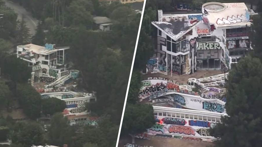 A four-story mansion is covered with graffiti in the Hollywood Hills in September 2024.