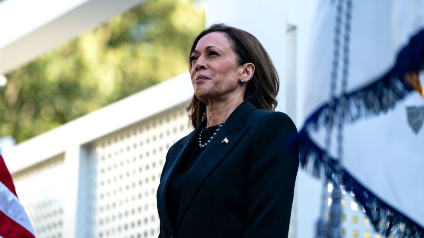 WASHINGTON, DC – OCTOBER 7: Vice President Kamala Harris listens to her husband Second Gentleman Doug Emhoff speak before they plant a pomegranate tree at the Vice President’s residence at the out side the U.S. Naval Observatory on October 7, 2024 in Washington, DC. The Second couple marked the one-year anniversary of the October 7 attacks in Israel by planting a memorial tree, a tradition done by second families on the grounds of the Vice President ‘s residence. (Photo by Kent Nishimura/Getty Images)