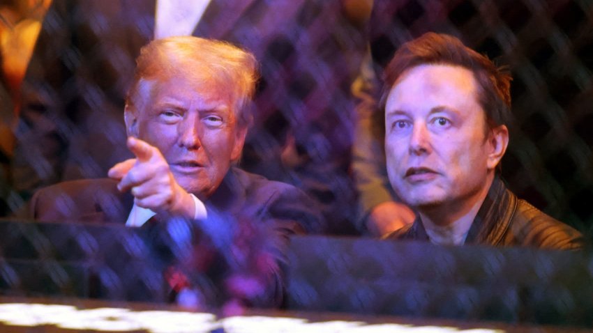 President-elect Donald Trump, left, talks with Elon Musk during UFC 309 at Madison Square Garden in New York, Nov. 16, 2024.