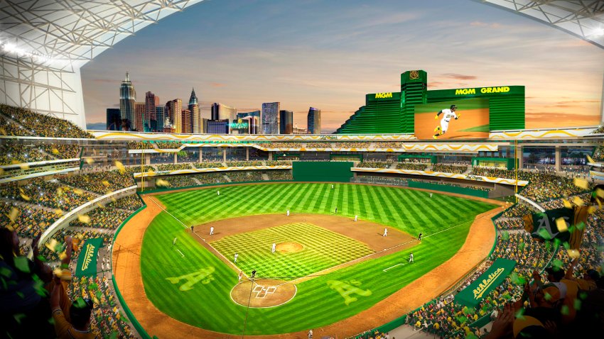 ARCHIVO – Esta imagen proporcionada por los Atléticos muestra el diseño de su futuro estadio en Las Vegas (Courtesy of Oakland Athletics via AP, archivo)