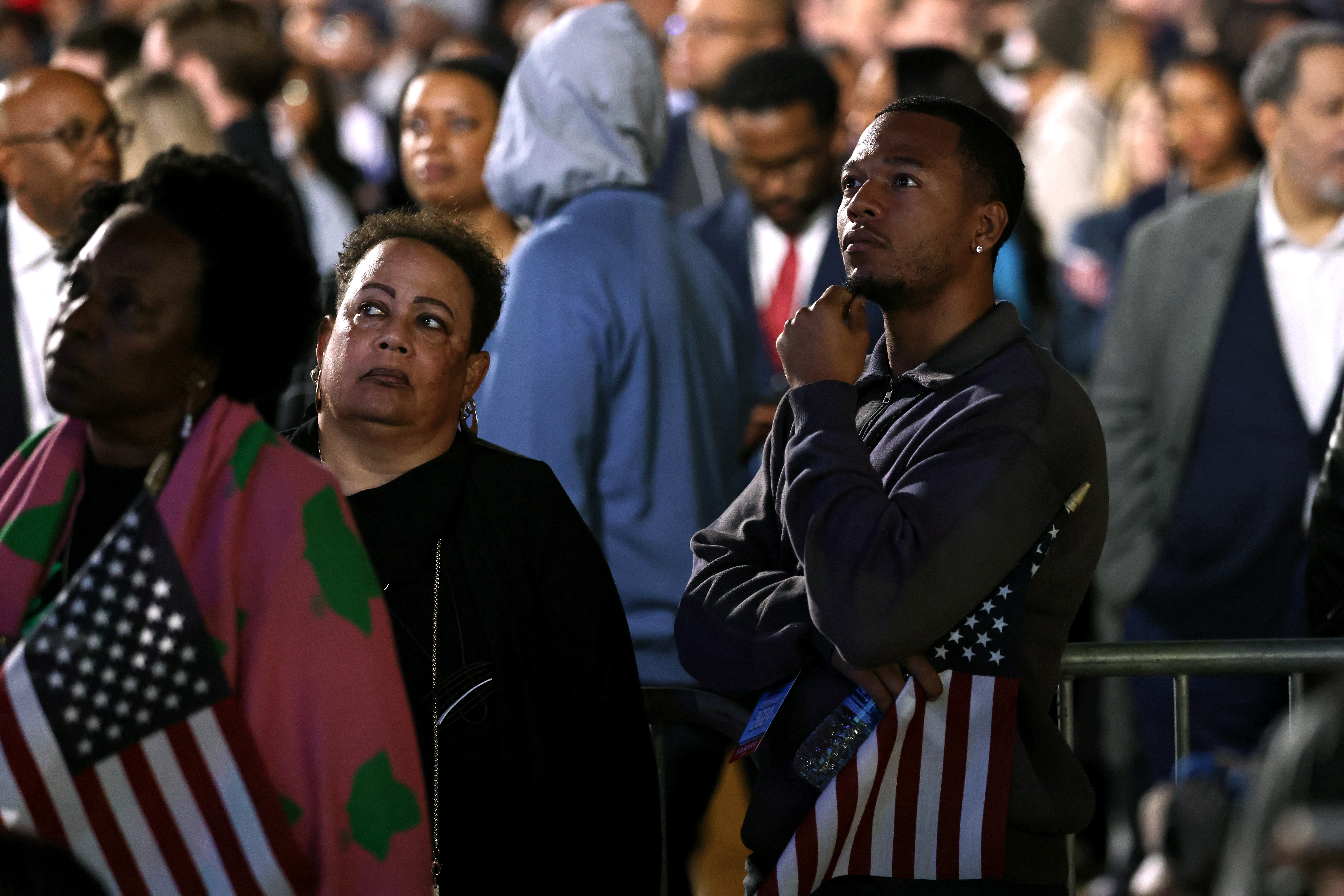 WASHINGTON, DC – NOVEMBER 05:  Supporters watch results come in during an election night watch party for Democratic presidential nominee, U.S. Vice President Kamala Harris at Howard University on November 05, 2024 in Washington, DC. Americans cast their ballots today in the presidential race between Republican nominee former President Donald Trump and Vice President Kamala Harris, as well as multiple state elections that will determine the balance of power in Congress.   (Photo by Anna Rose Layden/Getty Images)