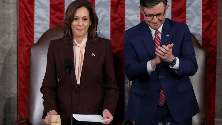 U.S. Vice President Kamala Harris reacts as she uses the gavel next to Speaker of the House Mike Johnson (R-LA) during a joint session of Congress to certify Donald Trump’s election, at the U.S. Capitol in Washington, U.S. January 6, 2025. R