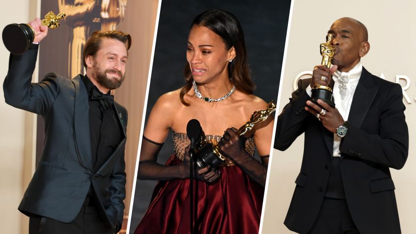 Kieran Culkin, Zoe Saldaña y Paul Tazewel en los premios Oscar 2025.