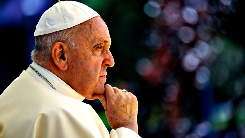 LISBON, PORTUGAL – AUGUST 03: (EDITOR NOTE: STRICTLY EDITORIAL USE ONLY – NO MERCHANDISING). Pope Francis meets students at Portugal’s Catholic University on August 03, 2023 in Lisbon, Portugal. Pope Francis visits Portugal for World Youth Day (WYD) which takes place over the first week of August.  WYD is an international Catholic rally inaugurated by  St. John Paul II to invigorate young people in their faith. Pope Francis will travel around Portugal during his five-day visit holding masses and confessions for young people and meeting Portuguese catholic clergy members, he will also visit The Shrine of Our Lady of Fatima. (Photo by Vatican Media via Vatican Pool/Getty Images)
