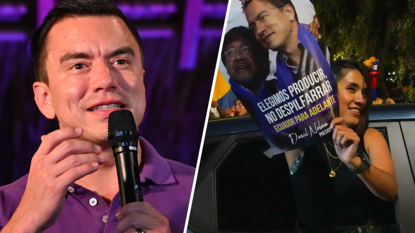 Simpatizantes del presidente y candidato del movimiento Acción Democrática Nacional (ADN), Daniel Noboa se reúnen frente a la sede nacional de ADN en Quito, Ecuador, el 13 de abril de 2025.