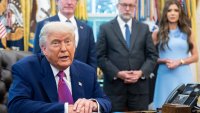 US President Donald Trump speaks about the upcoming wildfire and hurricane seasons, alongside Secretary of the Interior Doug Burgum (L), OMB Director Russell Vought (C) and Secretary of Homeland Security Kristi Noem (R) in the Oval Office of the White House in Washington, DC, on June 10, 2025. (Photo by SAUL LOEB / AFP) (Photo by SAUL LOEB/AFP via Getty Images)